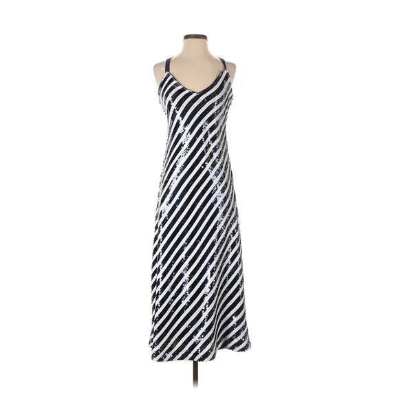 J.Crew Collection Gwyneth V Neck Slip Dress in Sequin Stripe Navy, White 6 - Picture 2 of 5